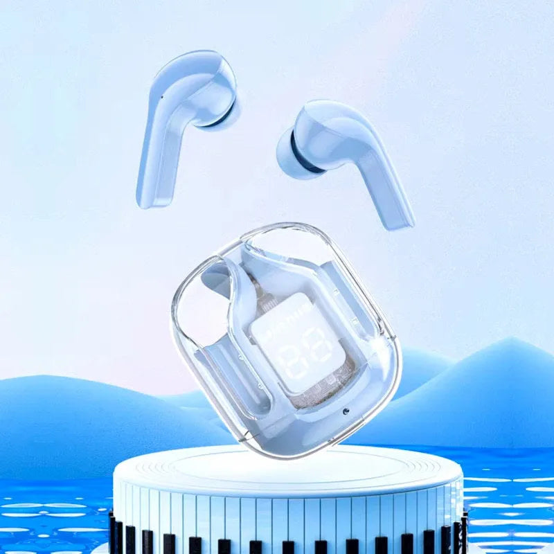 Transparent space capsule case Bluetooth earphones showing digital display screen