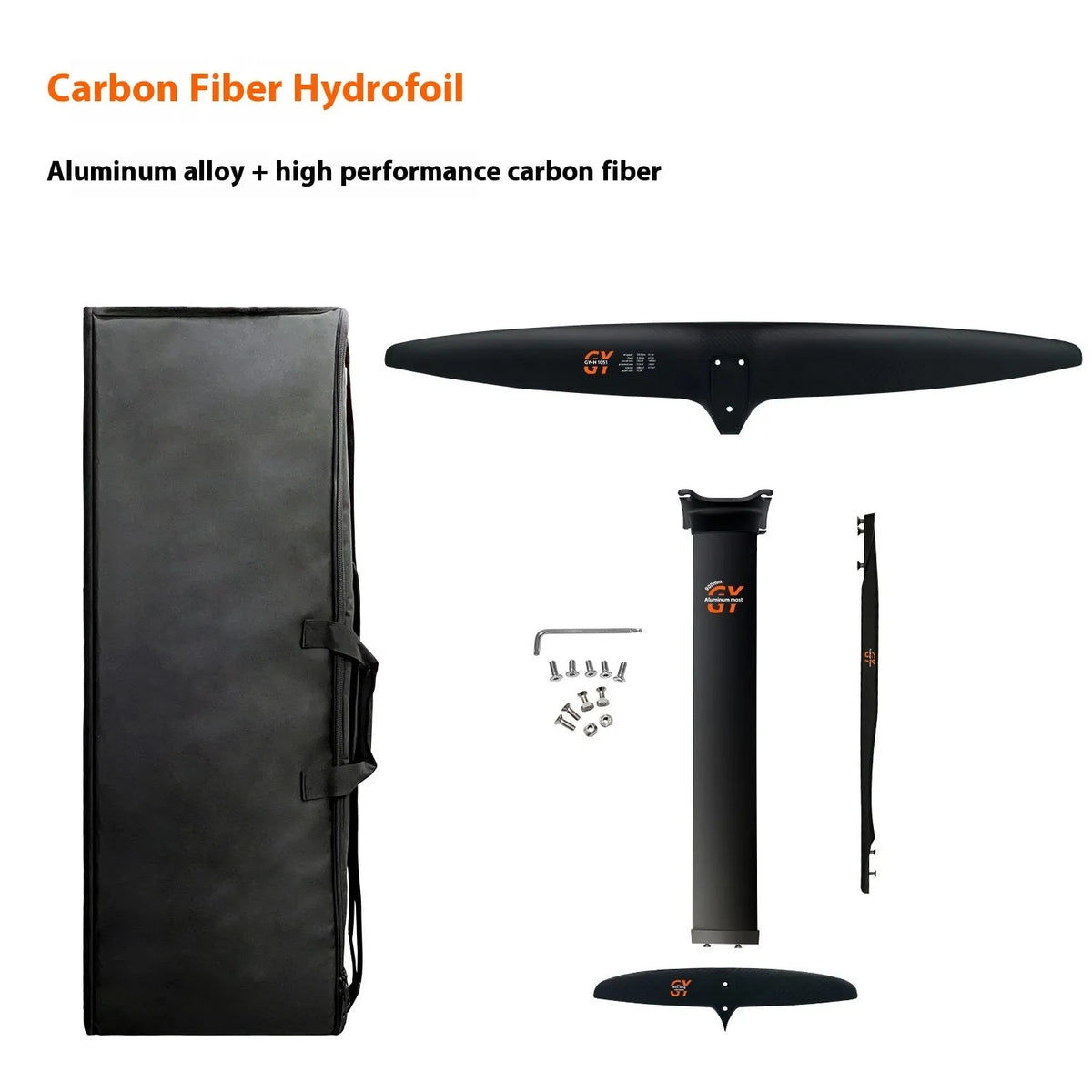 Black carbon fibre hydrofoil surfboard with large aluminium alloy front wing