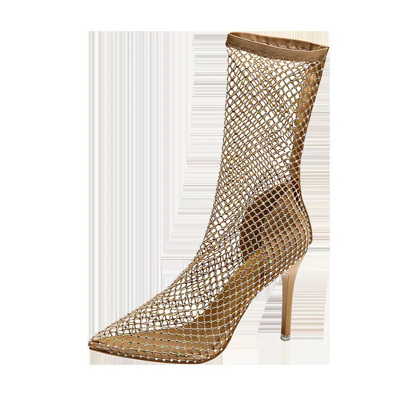 Gold women's high heel sandals with mesh upper, pointed toe, stiletto heel, and rubber sole.