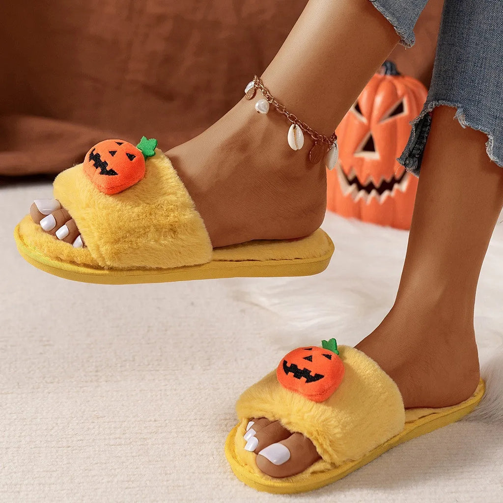Yellow pumpkin cartoon design women's plush slippers with synthetic fur and open toe