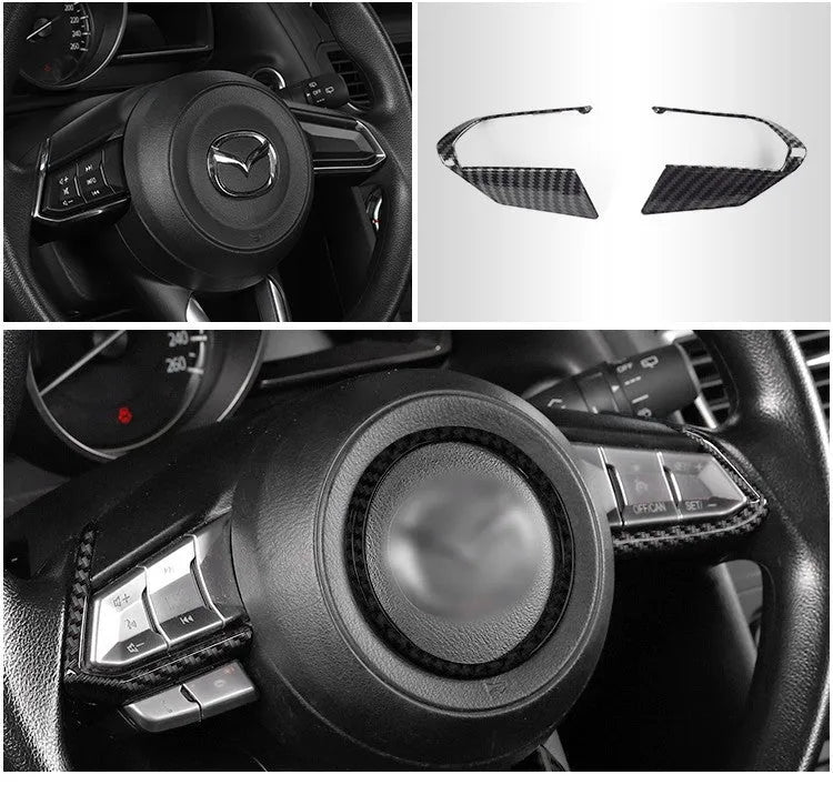 Black carbon fibre pattern ABS plastic steering wheel trim frames, left and right pair with adhesive backing