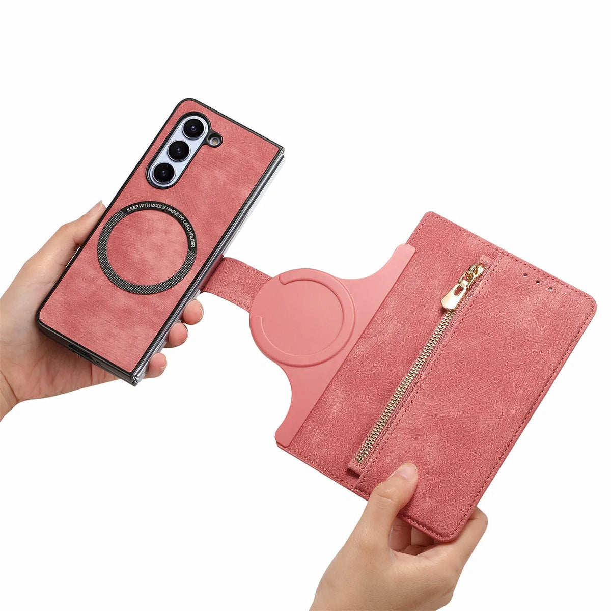 Magnetic detachable zipper insert phone case for Samsung Z Fold in imitation leather with card slot and bracket