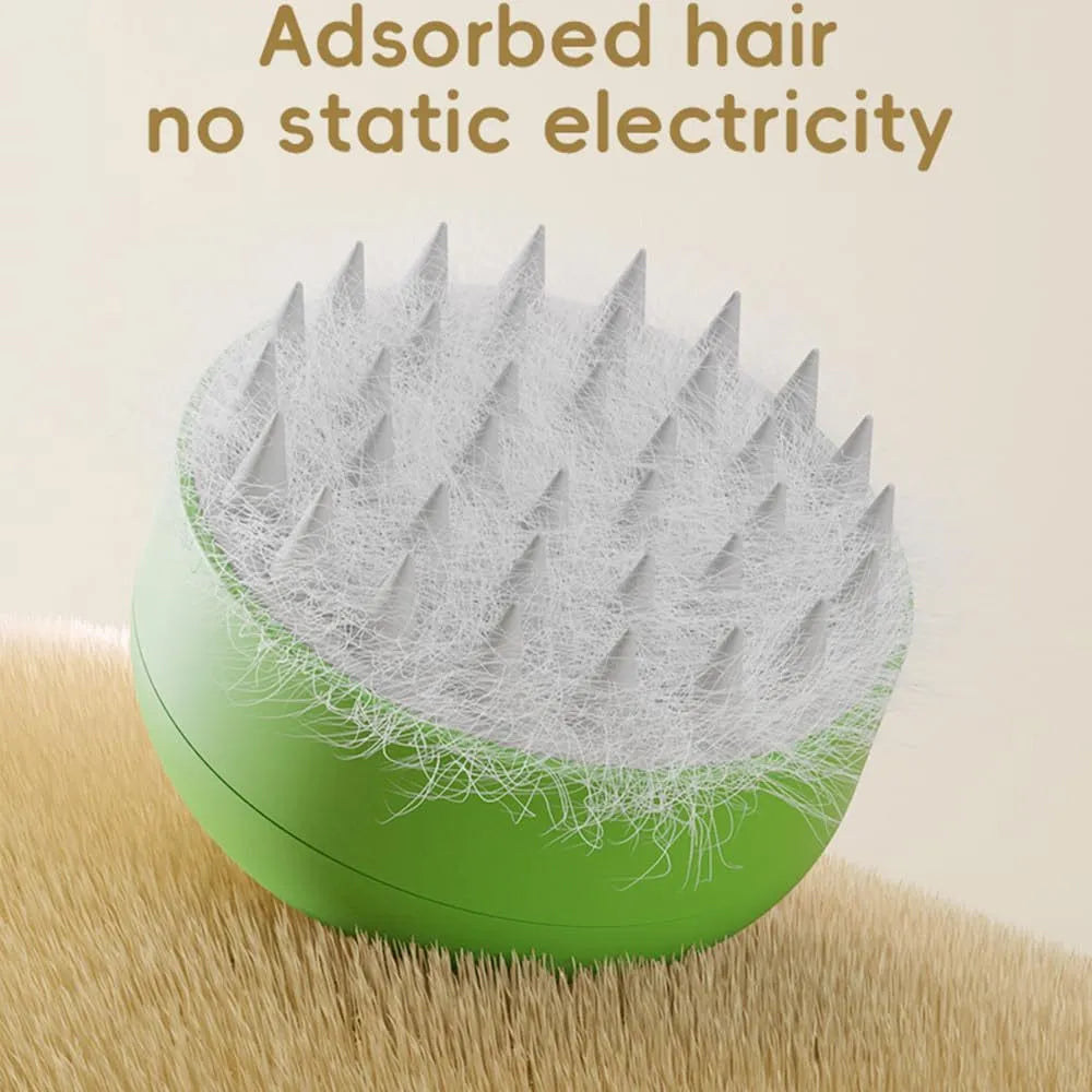 Green rechargeable cat steam brush with silicone bristles on a white background