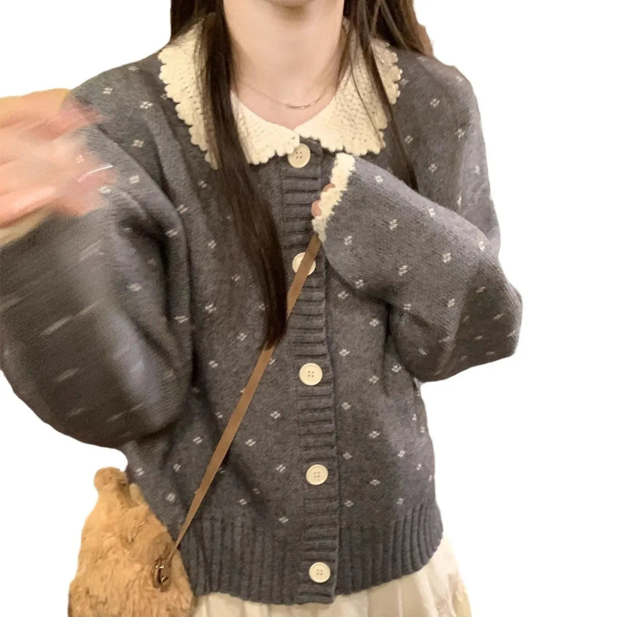 Retro Peter Pan collar knitted cardigan coat with flower pattern in Japanese Korean casual style