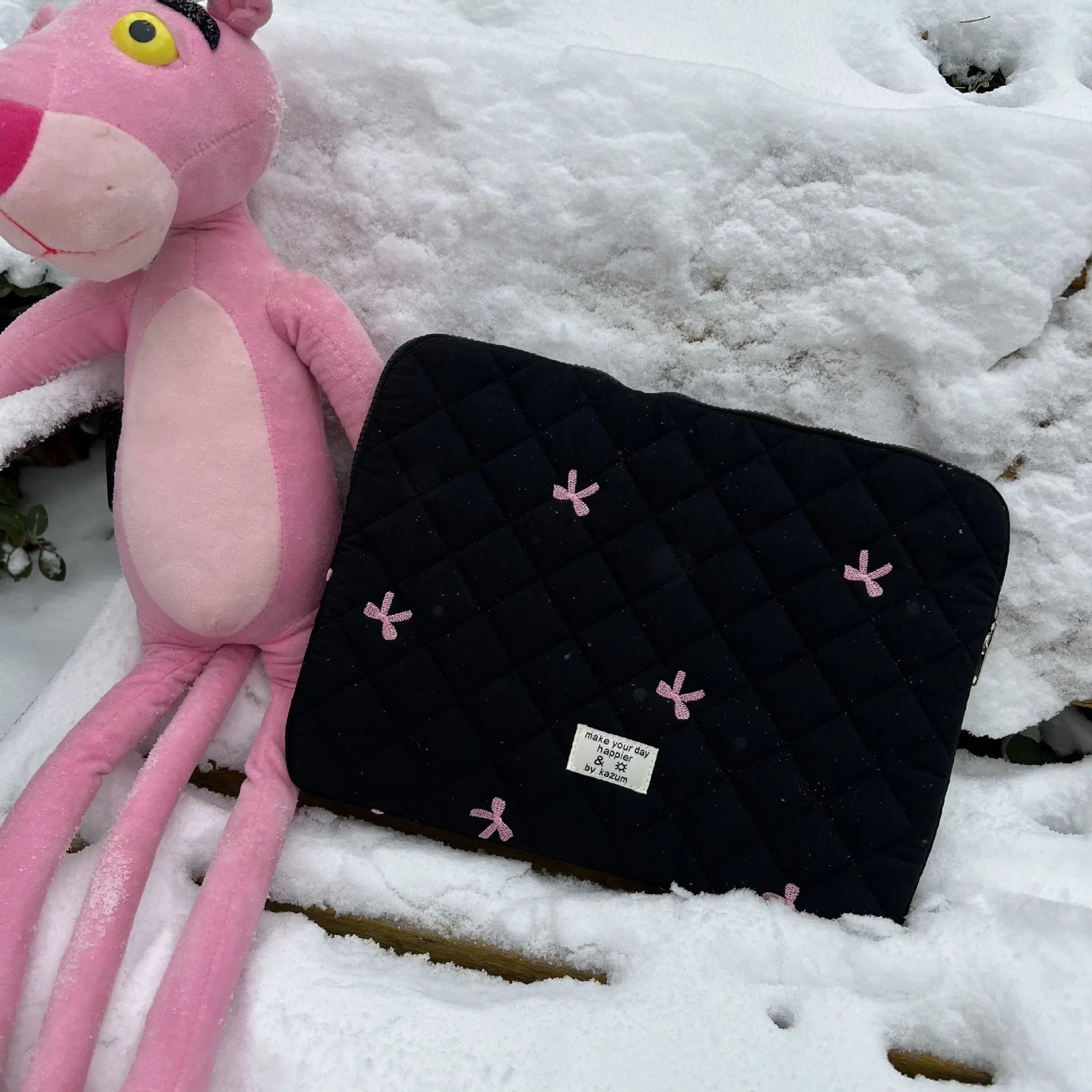 Nylon notebook storage bag with rhombus embroidery and bow detail in multiple colour options