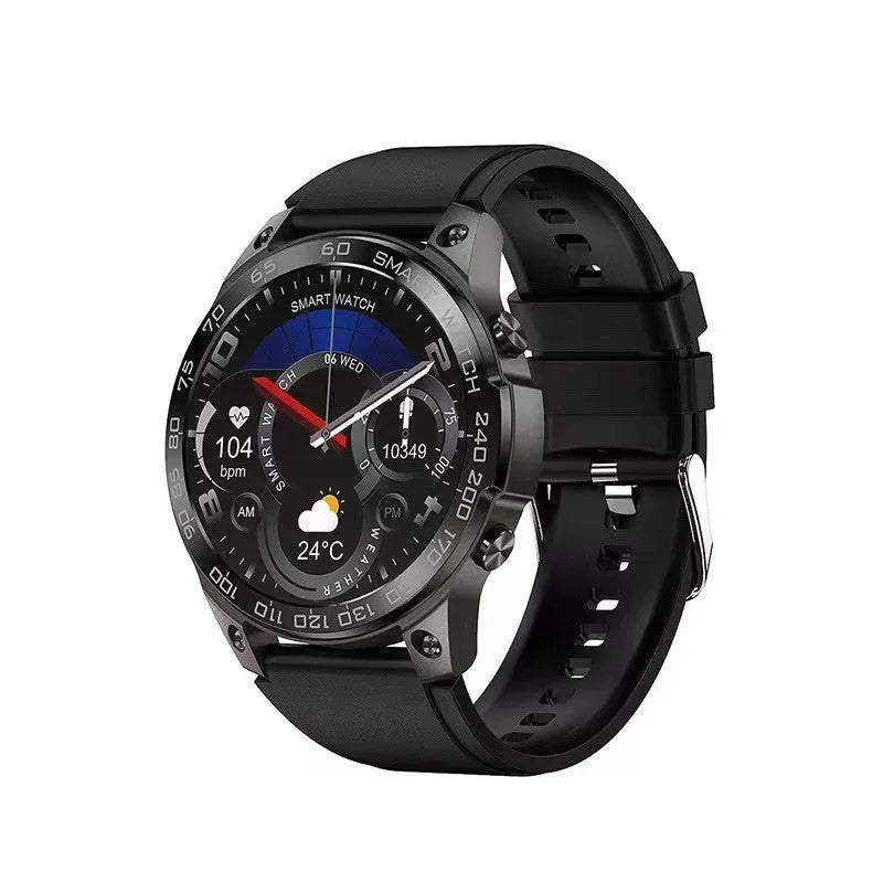 Black Bluetooth sports watch with round AMOLED screen and silicone strap on wrist