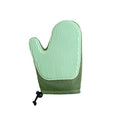 A dark blue mesh pet grooming glove for removing hair from dogs and cats.