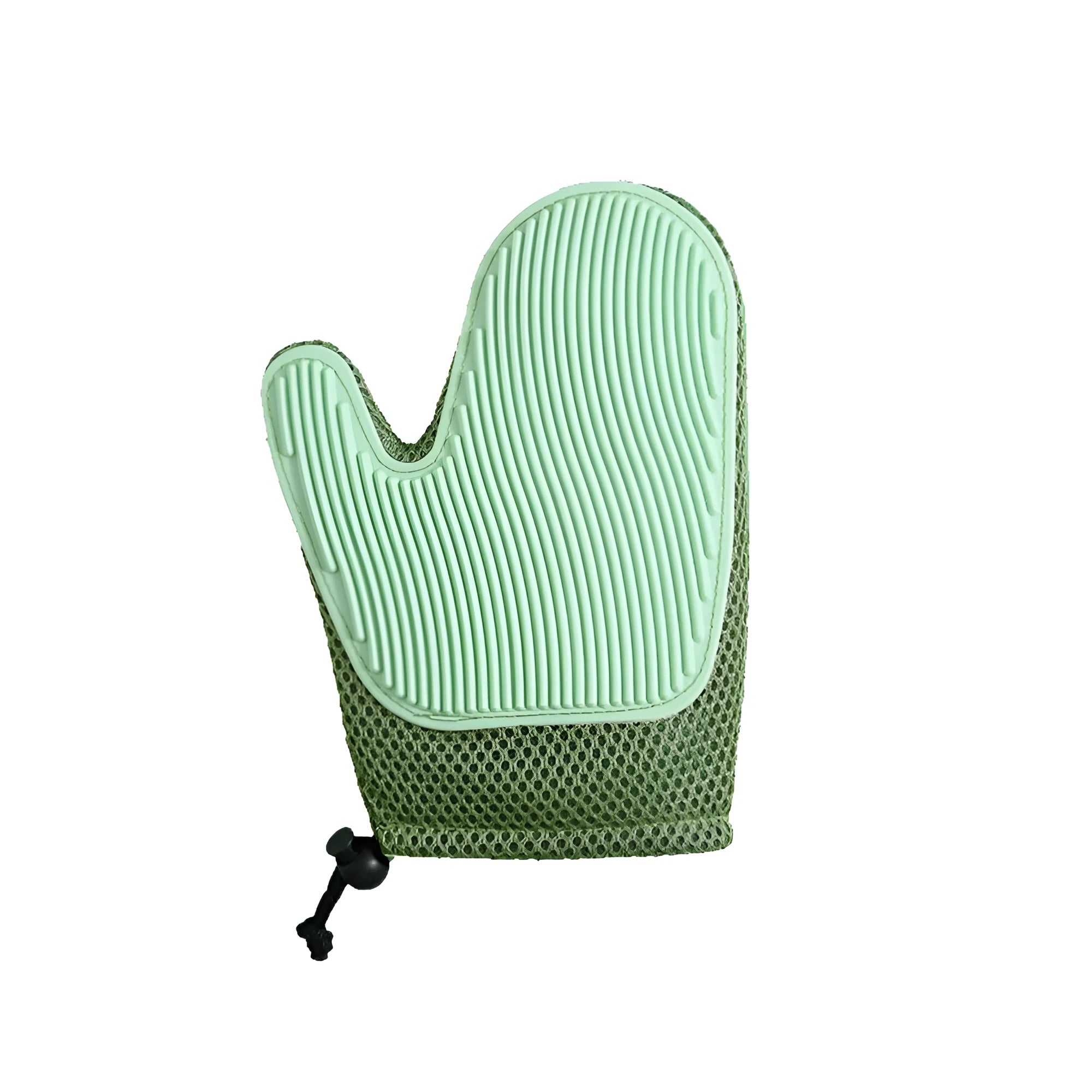 A dark blue mesh pet grooming glove for removing hair from dogs and cats.