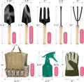 Stainless steel gardening tool set with eight pieces for garden use.