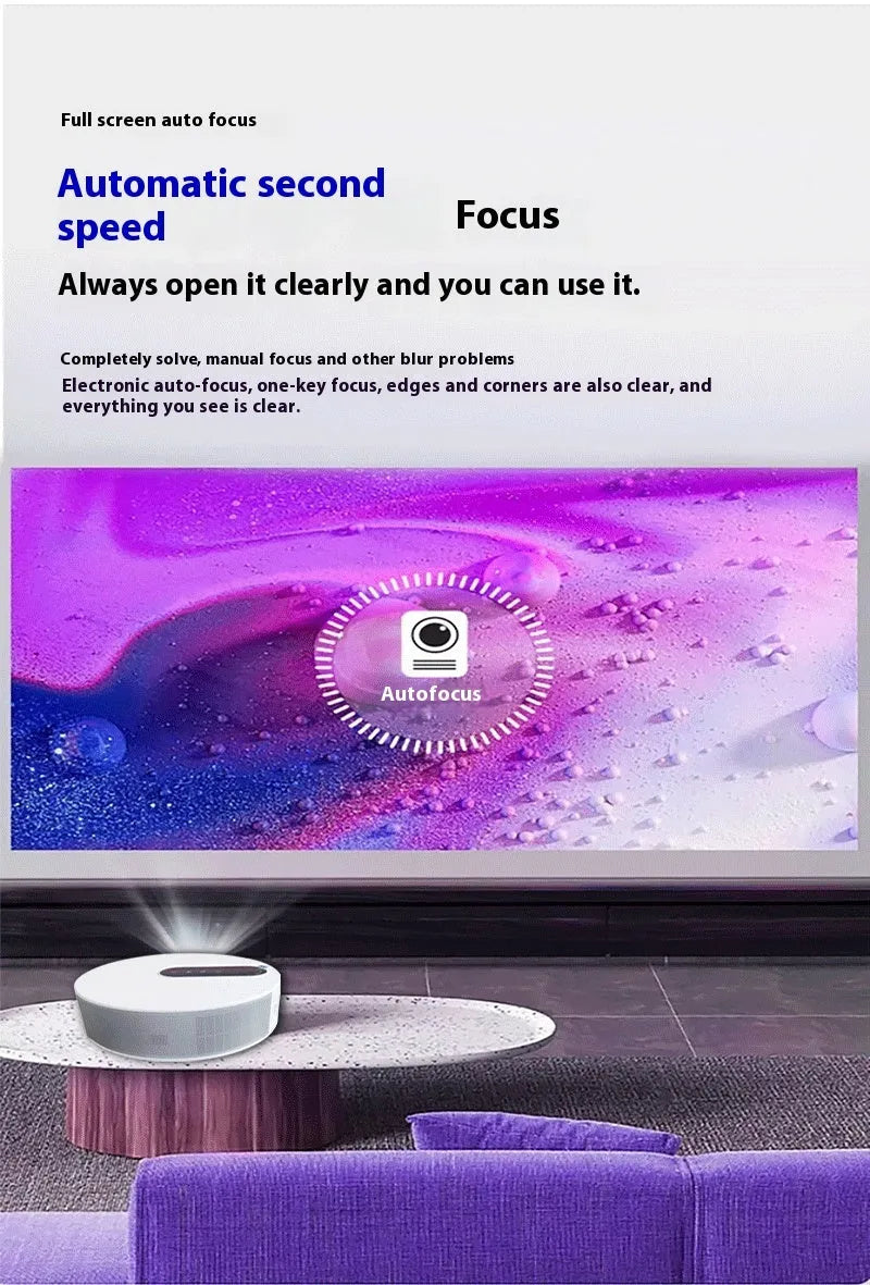 White home cinema projector with remote control on a table, showing 720p HD resolution specification.