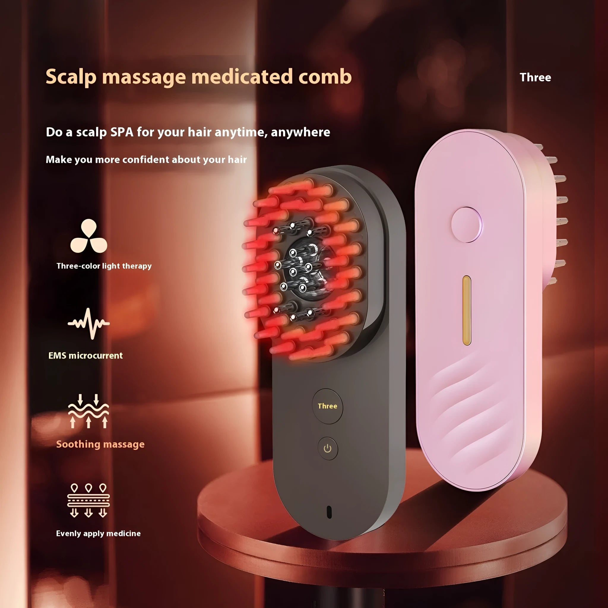 Pink and black smart massage comb with red light for scalp care, shown actual size under 10cm.