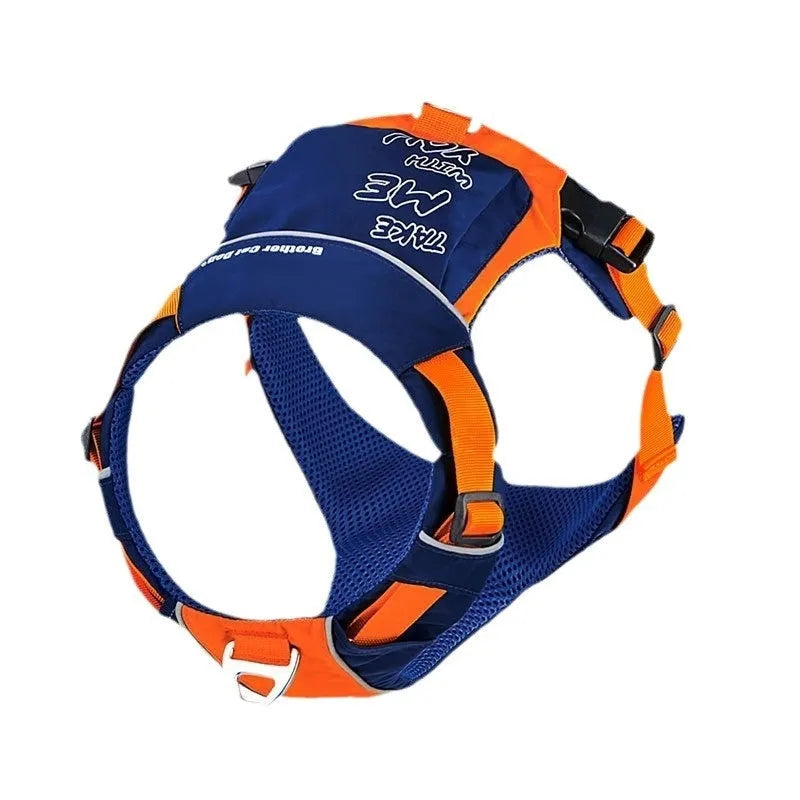 Orange blue nylon dog chest strap vest harness with hand rope attachment shown in S size