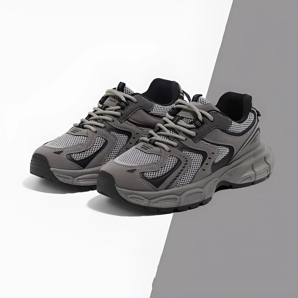 Grey platform sneakers Dad shoes with PU leather mesh upper and mid-heel