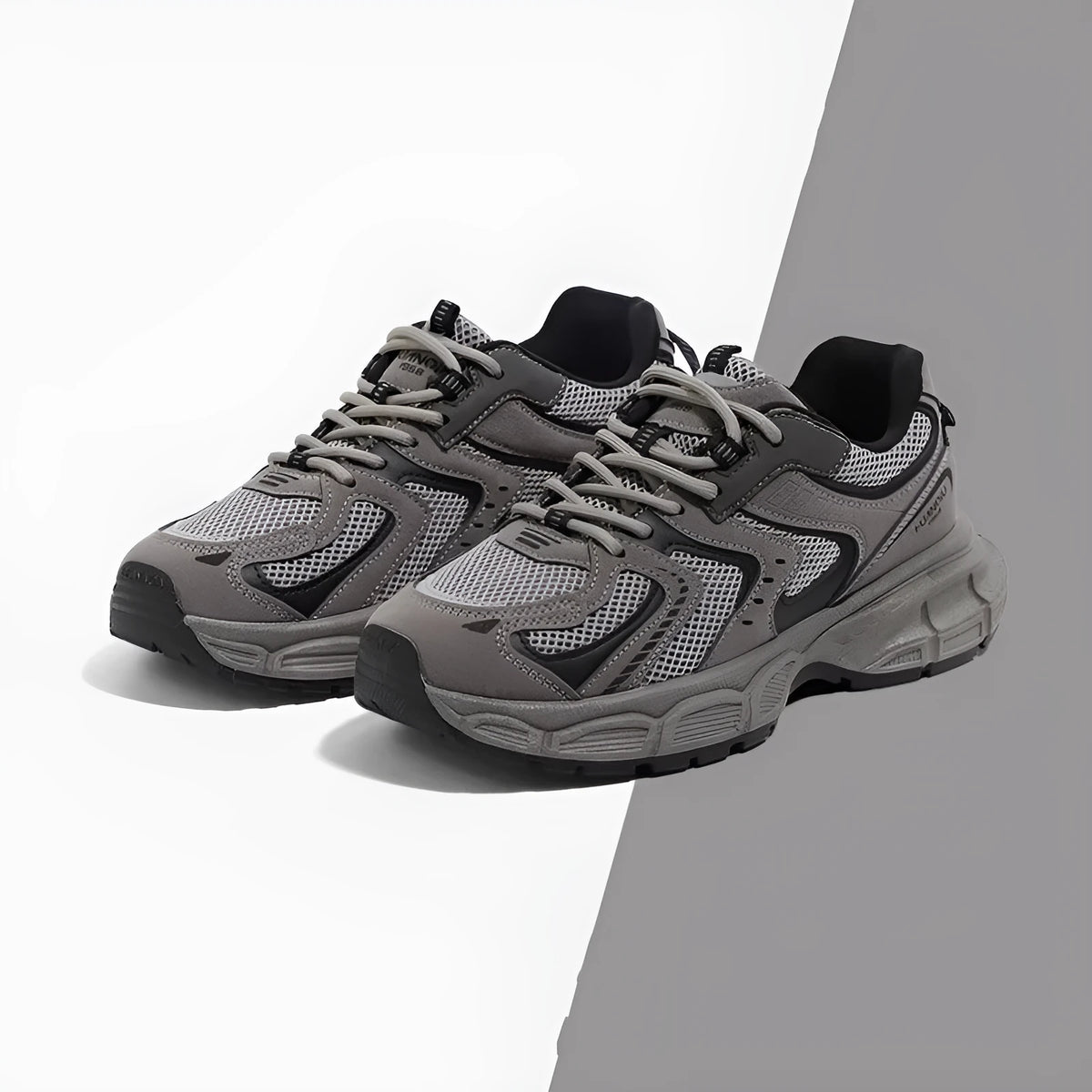 Grey platform sneakers Dad shoes with PU leather mesh upper and mid-heel