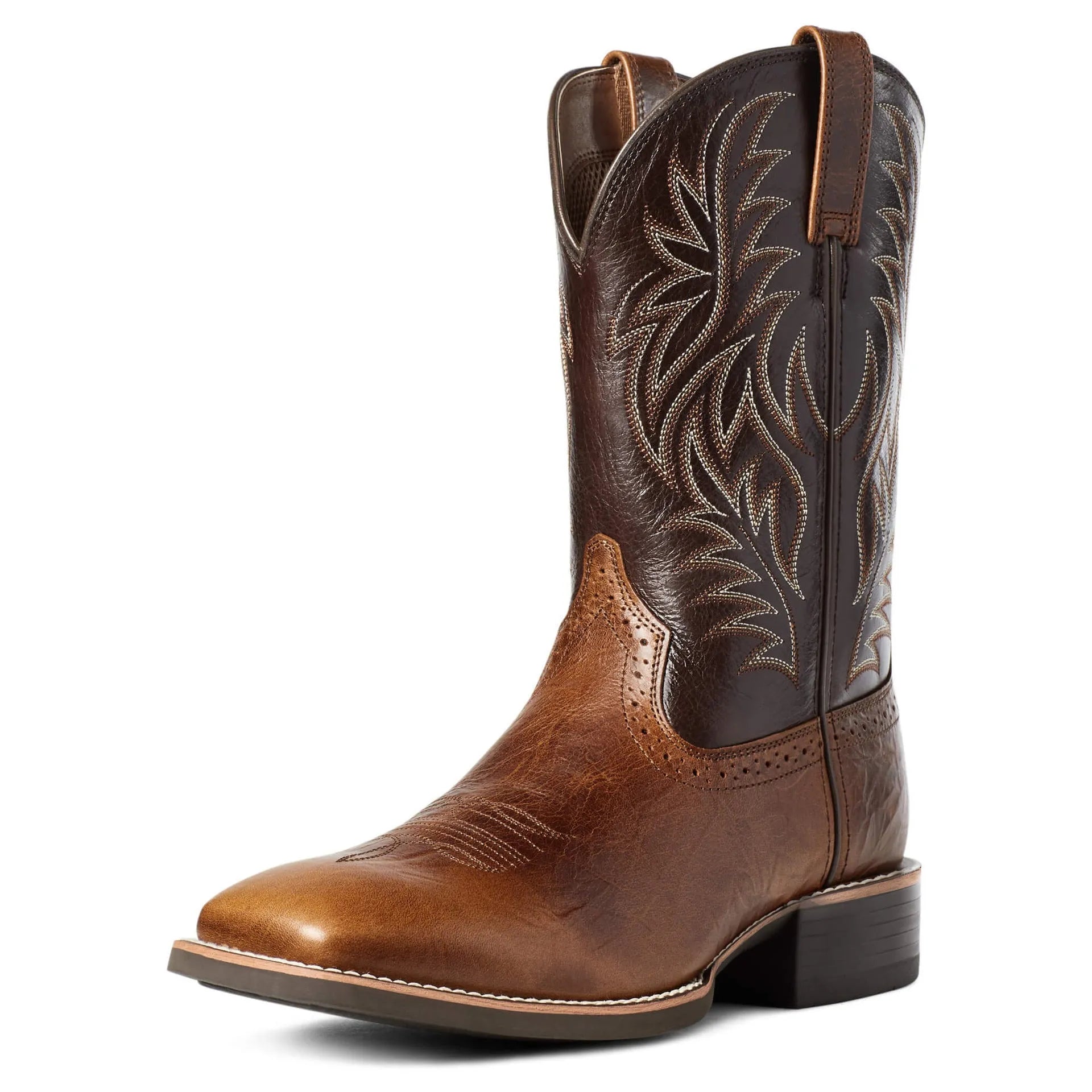 Men's black Western cowboy boot with high embroidery stitching on a wide square toe and high shaft.