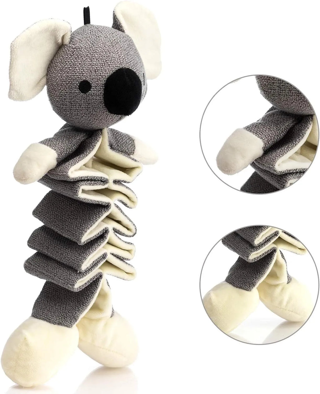 Grey koala plush dog toy with squeaker and crinkle paper measuring 30cm long