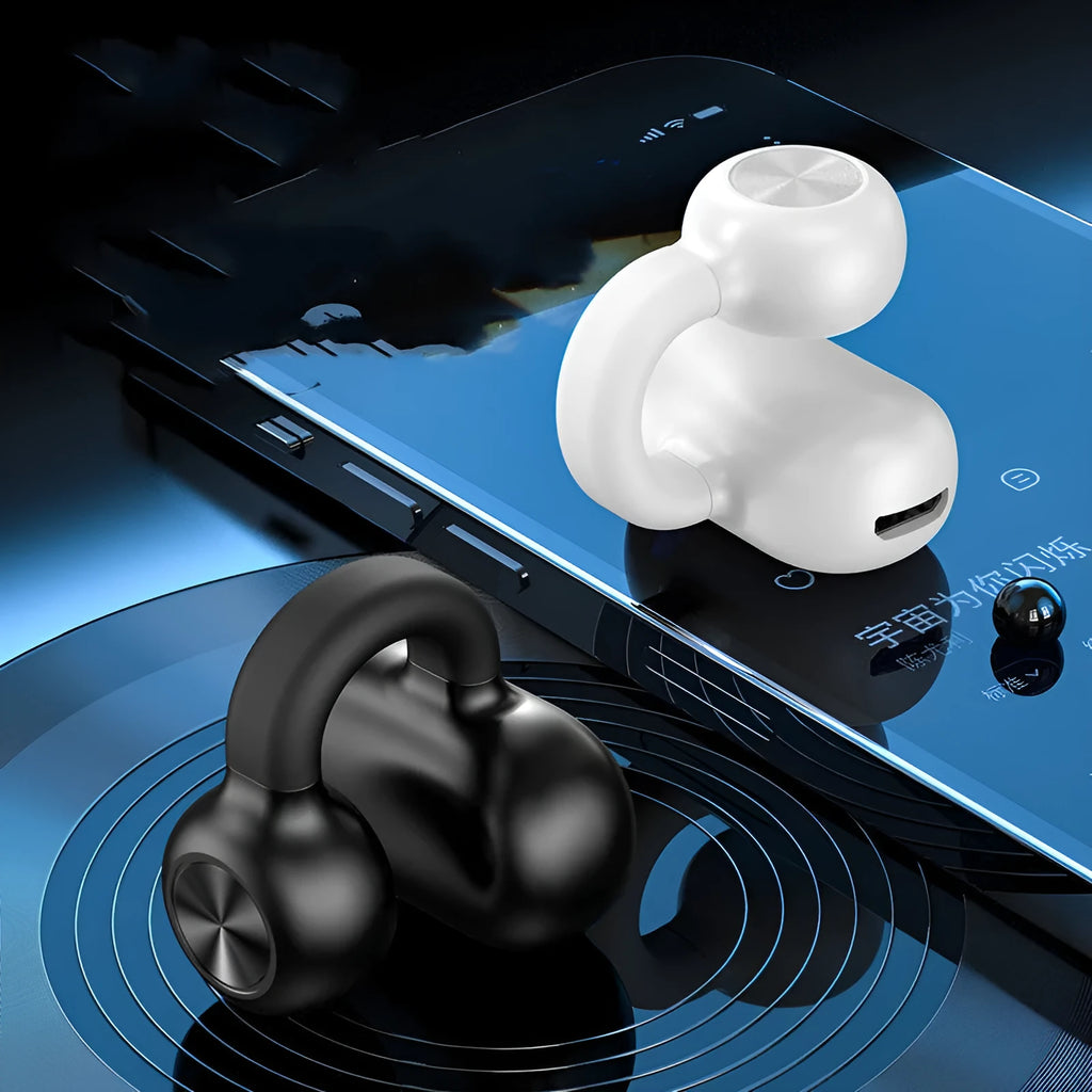 Wireless bone conduction clip-on Bluetooth earphones in black or white with charging cable