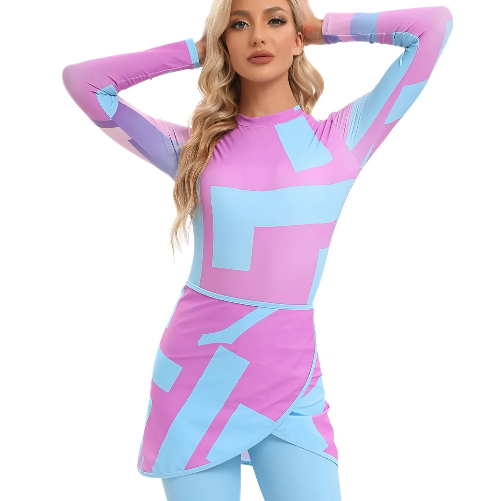 Conservative Muslim beach swimsuit three-piece set with apron in a fresh pattern.