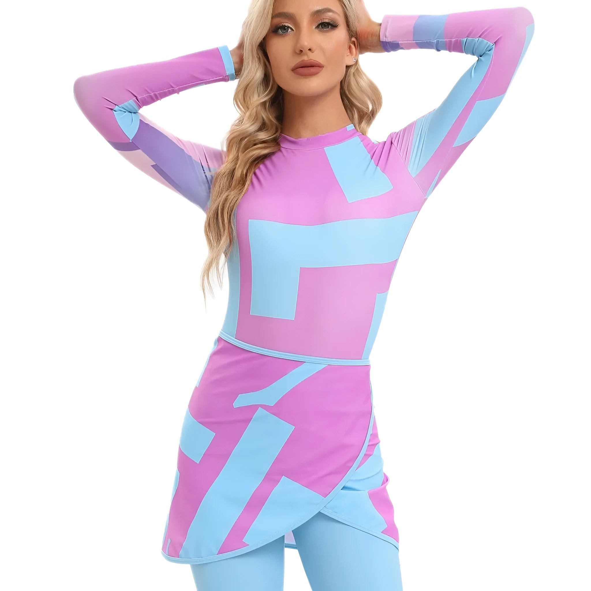 Conservative Muslim beach swimsuit three-piece set with apron in a fresh pattern.