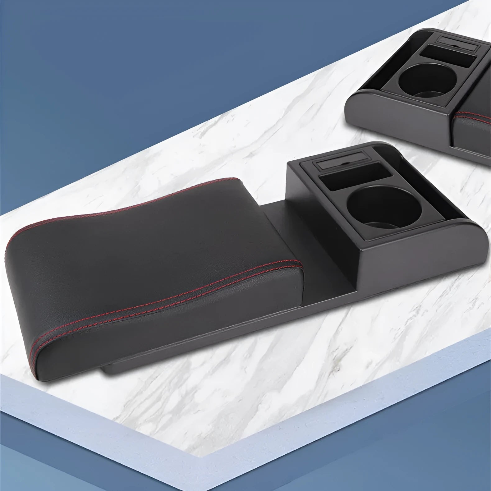 Universal plastic car armrest cover showing black PU leather and carbon fibre pattern options with red cord detailing