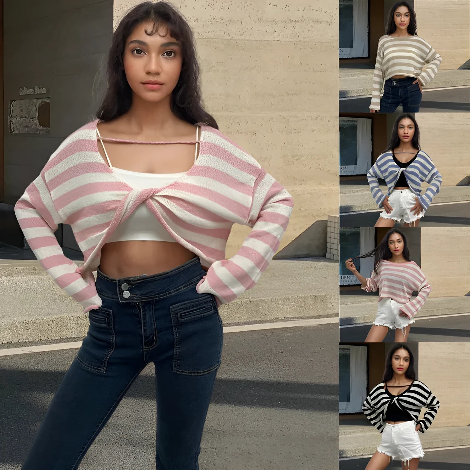 Striped long-sleeved sweater with front and back wearable design and exposed navel detail.