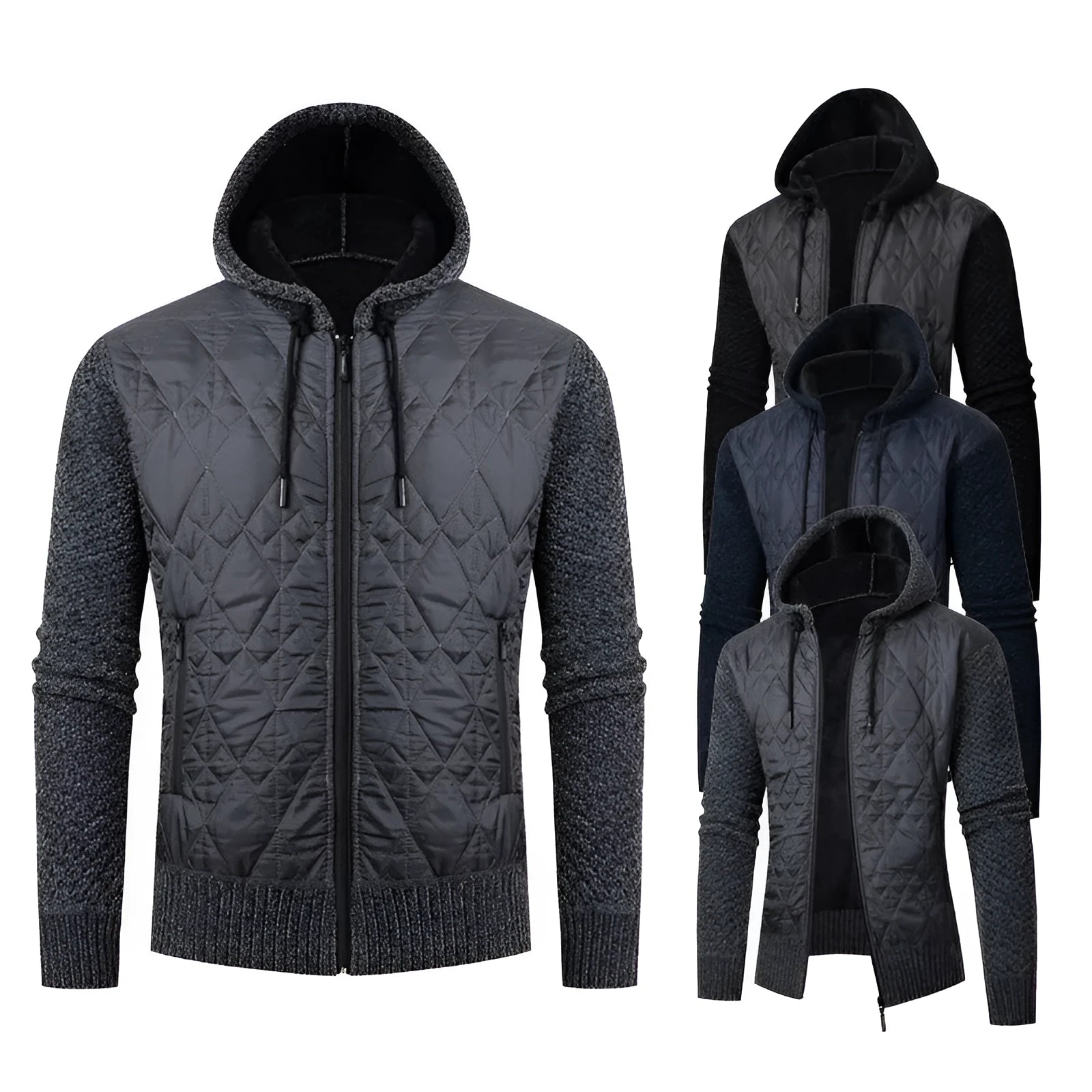 Men's grey hooded corduroy sweater coat with cinched cardigan styling