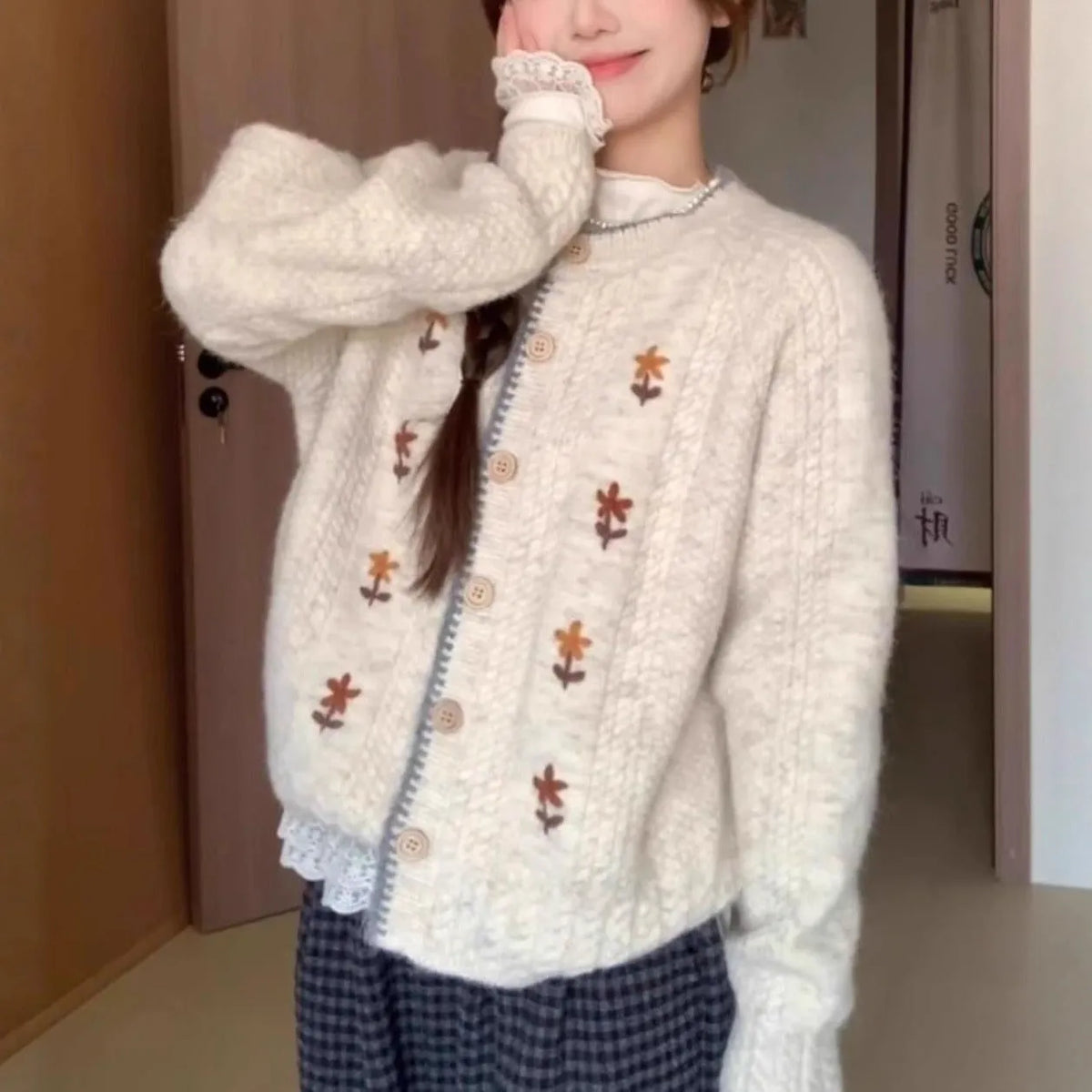 Japanese style round neck flower knitted cardigan for women in oatmeal colour with long sleeves and button front