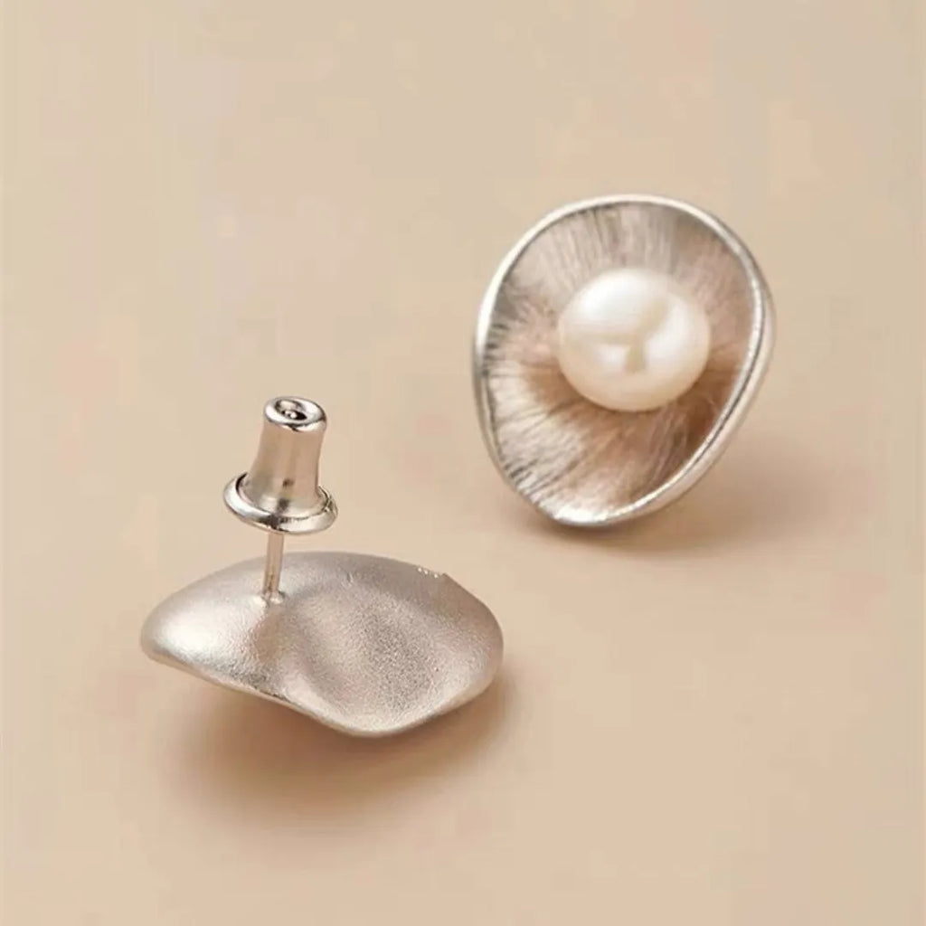 Sterling silver needle earrings with freshwater pearl geometric dangle design