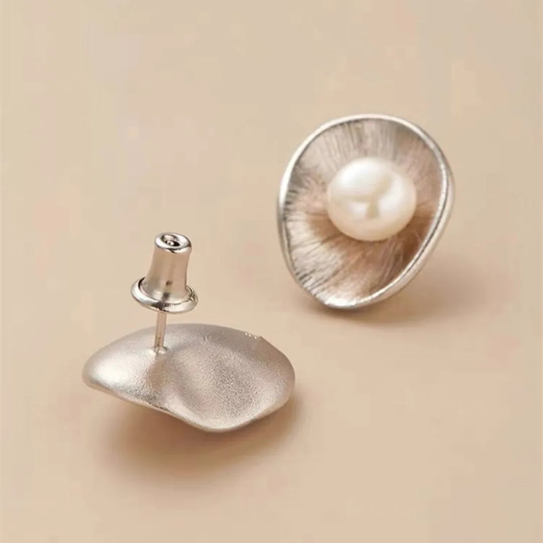 Sterling silver needle earrings with freshwater pearl geometric dangle design