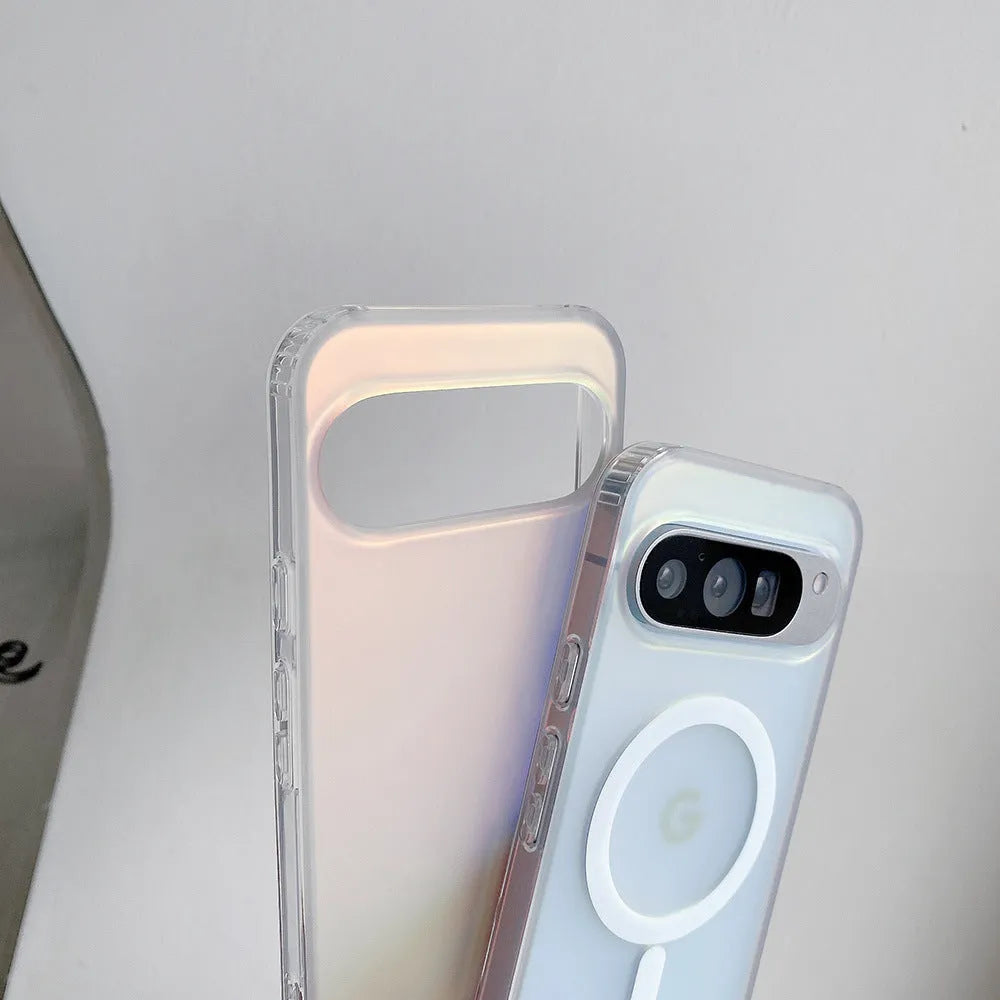 Transparent laser frosted matte phone case for Google Pixel 10 and 9 models on a table.