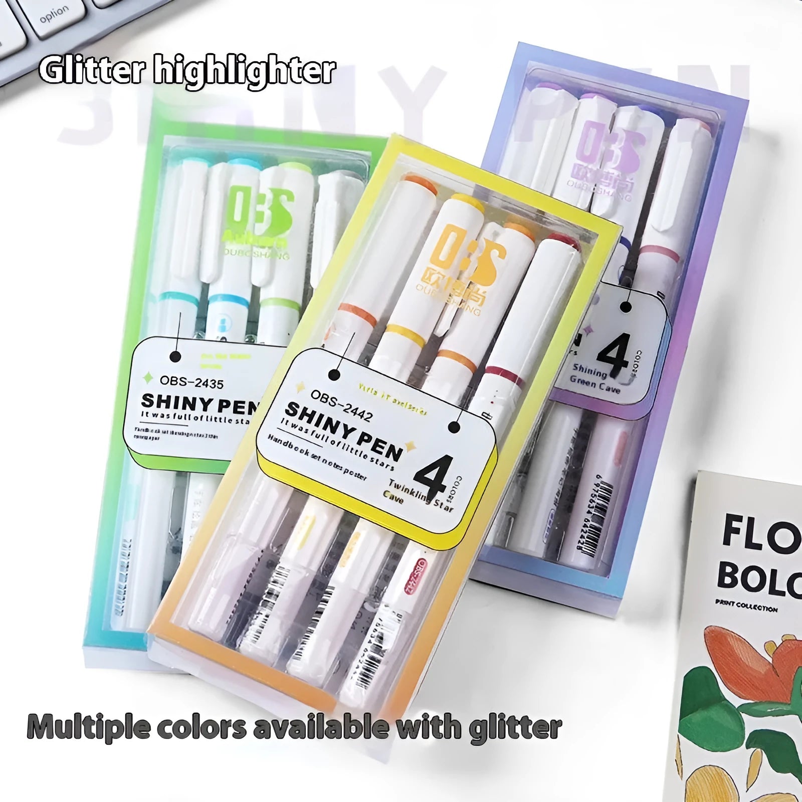 Four glitter fluorescent highlighter pens with 4mm slanted tips in pastel colours including taro and peach shades