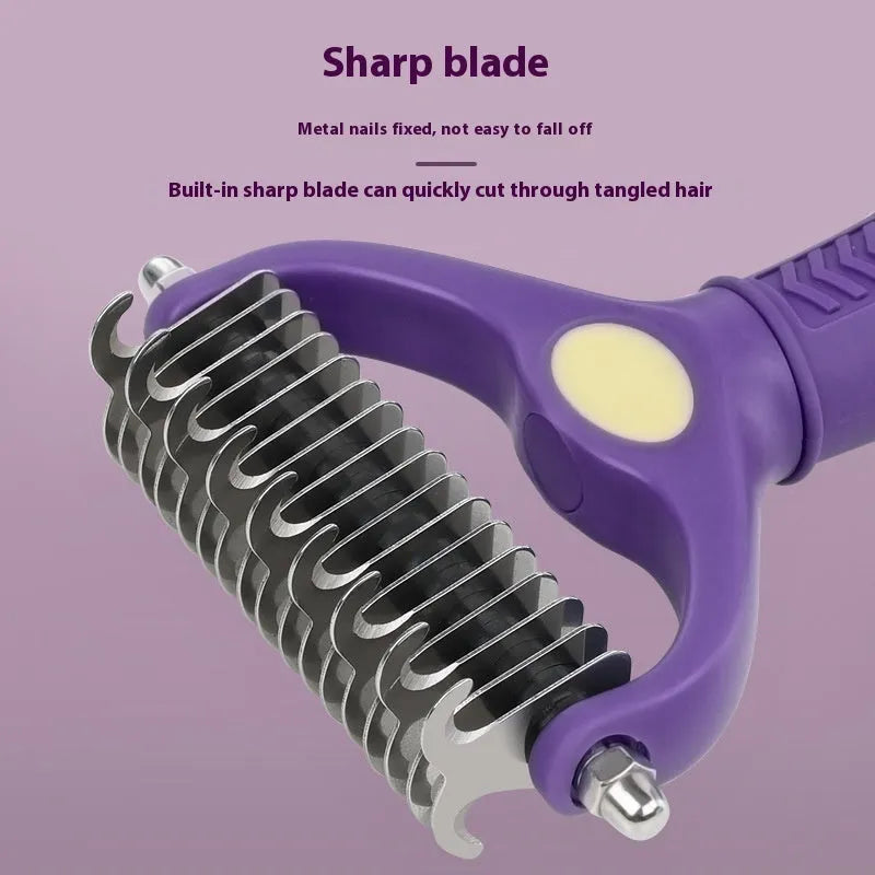 Purple plastic double-sided dog comb for removing tangles and mats from pet fur