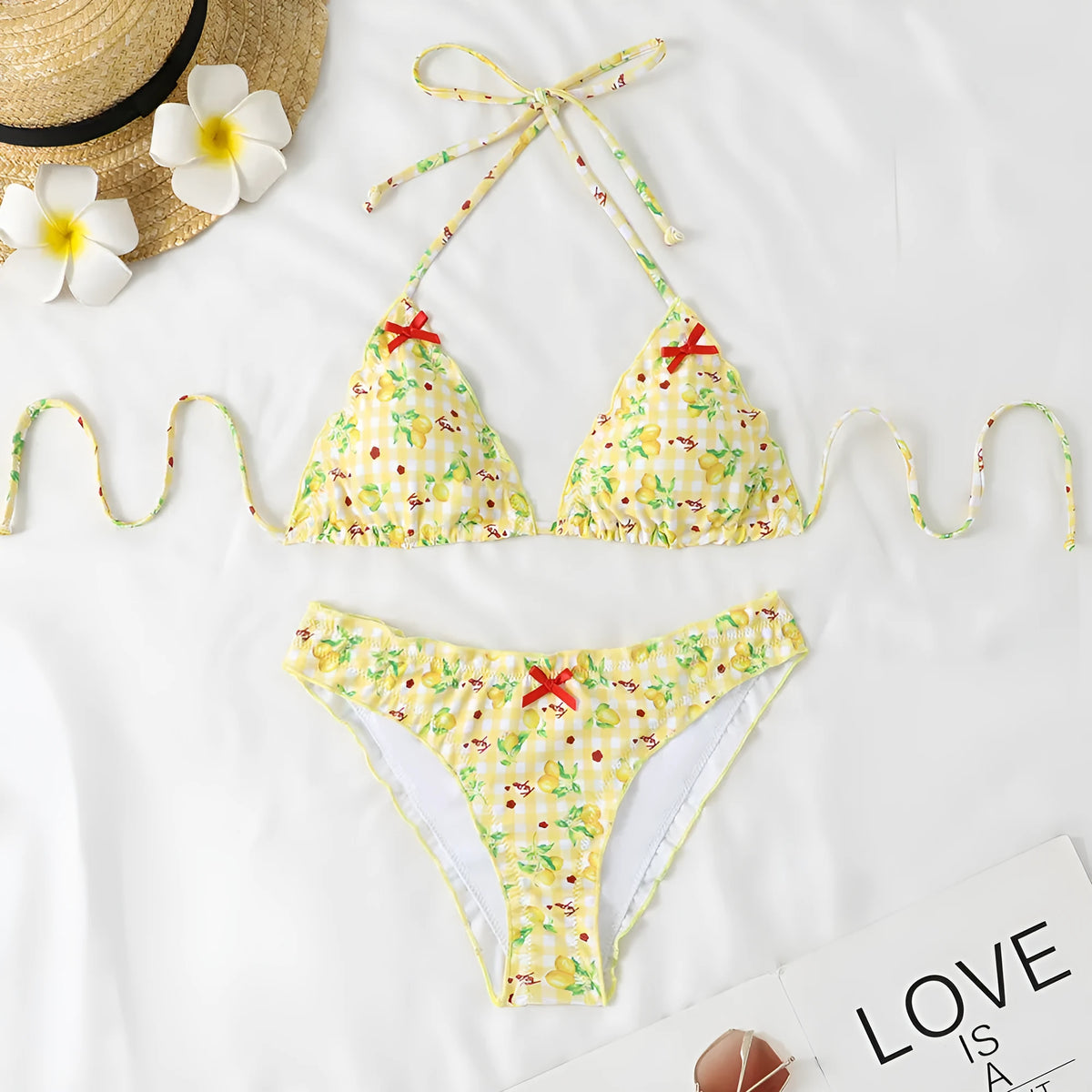 Floral backless two-piece bikini set with nylon fabric and polyester lining in sizes S M L