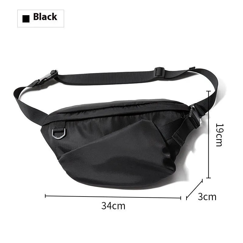 Black slanted chest bag showing sewing line details and 8-inch size