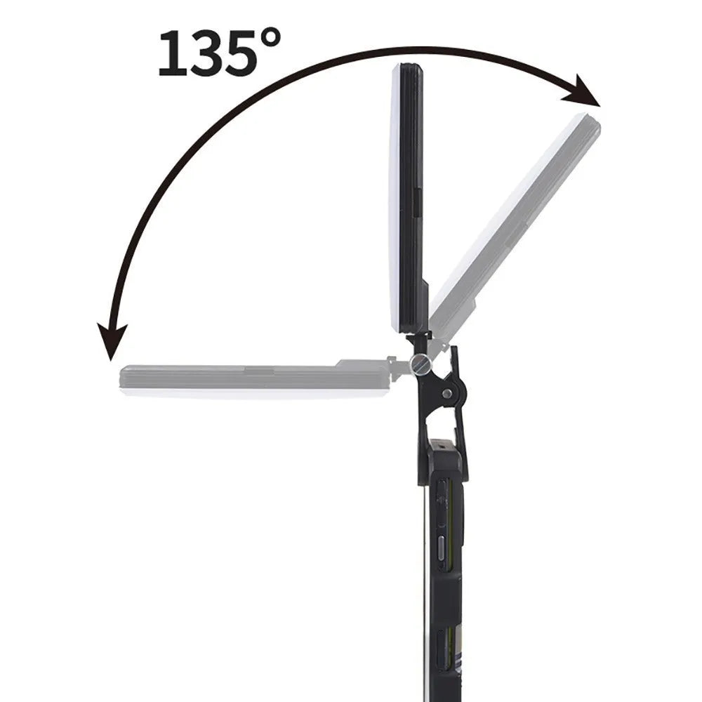 Handheld portable LED fill light with tricolour and RGB clip-on heads for live broadcast.