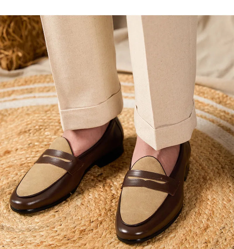Coffee-grey suede leather men's loafers with a rubber sole and slip-on design