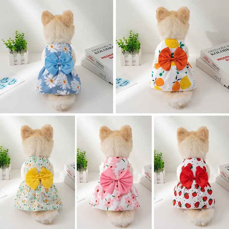 Orange floral butterfly knot princess dress on dog showing ultra-thin summer pet clothing