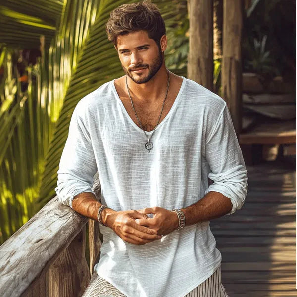 Beige slim fit V-neck long-sleeved t-shirt made from hemp blend fabric