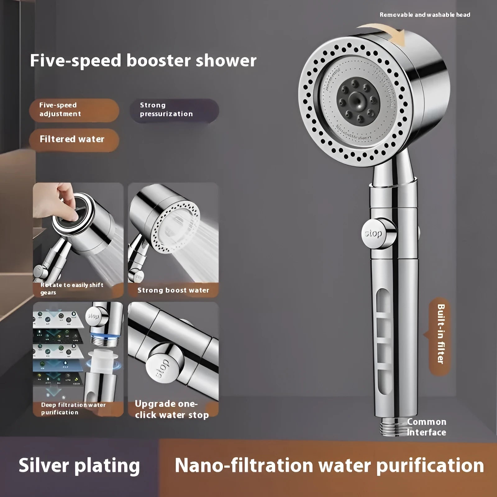 Silver chrome-plated portable shower head with four spray function settings