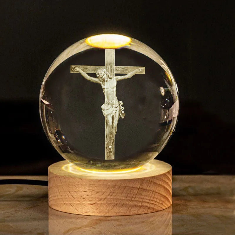 White crystal religious ornament with cross designs on 6cm ball with warm light wood base