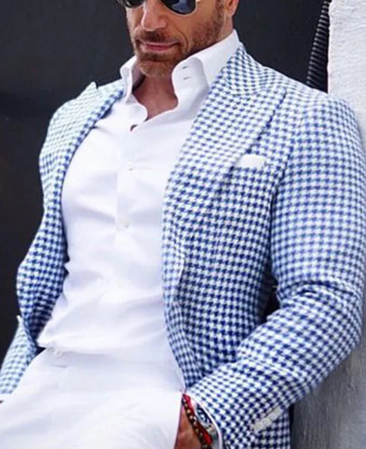 Men's slim fit two-button suit jacket with large top-stitch pockets in a solid colour.