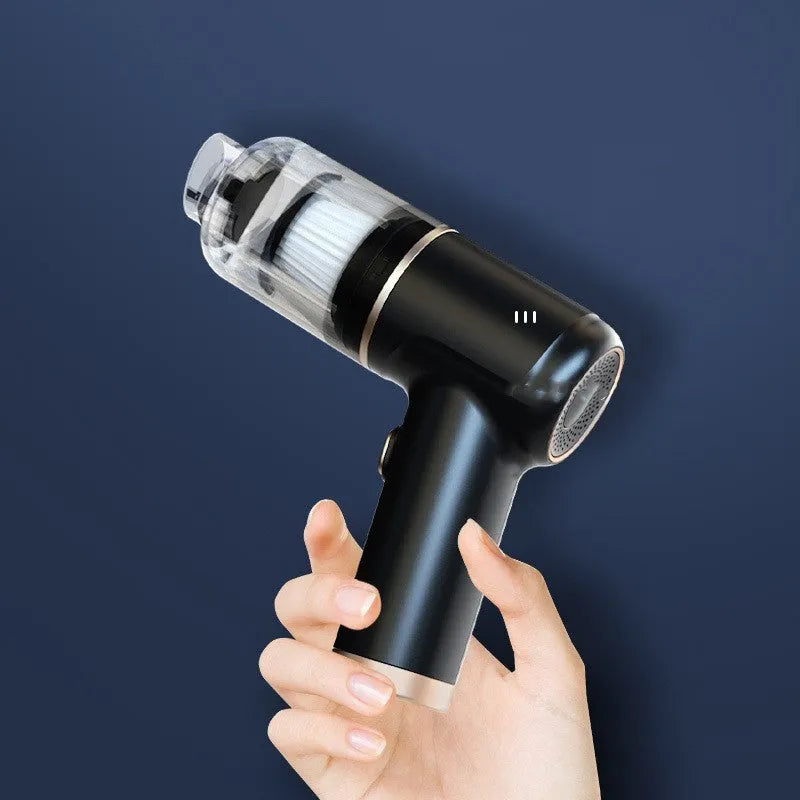 Black wireless handheld vacuum cleaner with multiple nozzle attachments for car and home cleaning
