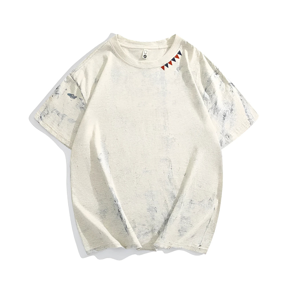 Grey tie-dye patterned loose fit short sleeve t-shirt on a hanger.