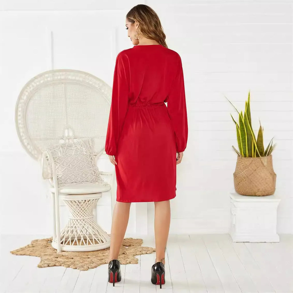 Polyester A-line dress with elastic waist and long sleeves featuring elastic cuffs