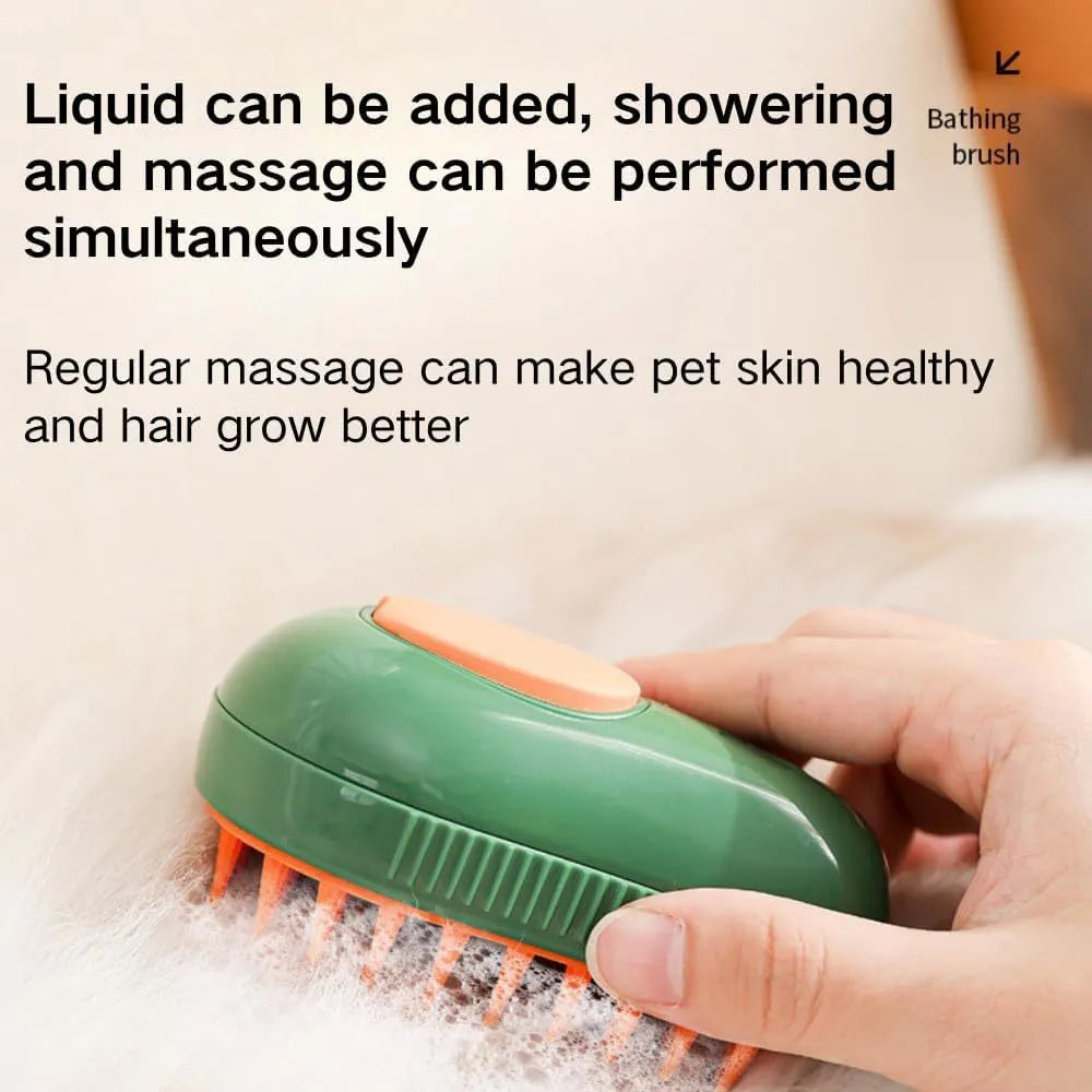 Green and white rechargeable cat steam brush with water spray and silicone grooming teeth