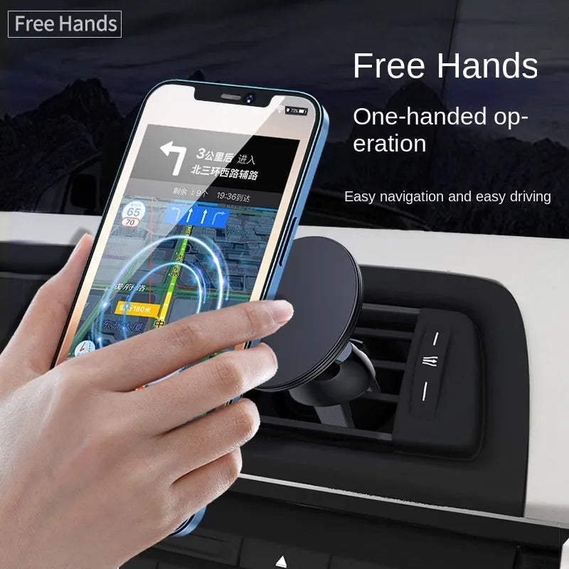 Black aluminium alloy magnetic car phone holder mounted on car dashboard with adjustable gooseneck arm