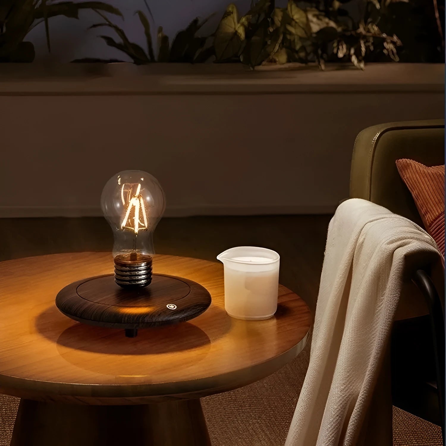Suspension bulb creative small night lamp with iron art construction on wood grain base