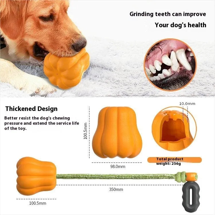 Pumpkin orange plastic dog chew toy with rope attachment for throwing games