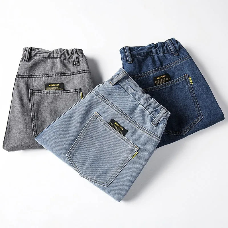 Men's loose straight-cut casual jeans in dark blue cotton fabric