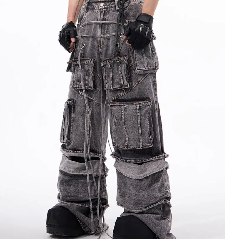 Grey distressed denim mop pants overalls with rope stitching details